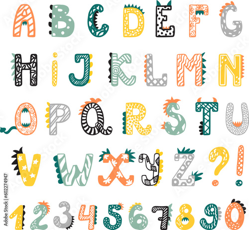 Cute funny Dino alphabet numbers. Comic letters for kids, nursery, poster, card, birthday party, packaging paper design, baby t-shirts Vector illustration in cartoon style isolated on white background