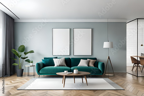 Interior Mockup with white frames against the background, mock up poster frame in modern interior background, frame mockup, Generative AI