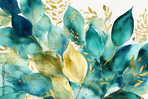 Turquoise and White A Leafy Composition. Generative AI.