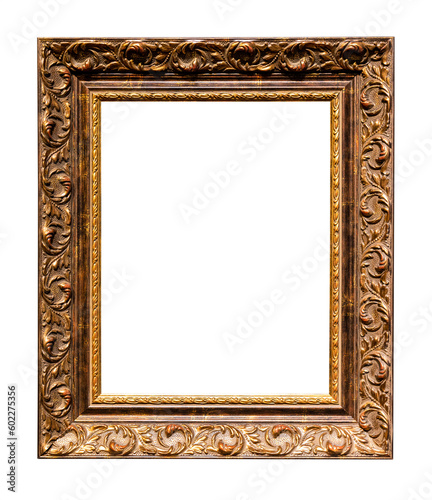 old vertical wide carved bronze wooden picture frame isolated on white background with cut out canvas