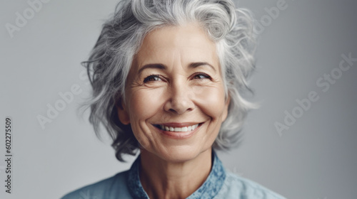 A serene portrait captures a beautiful senior woman. Generative AI