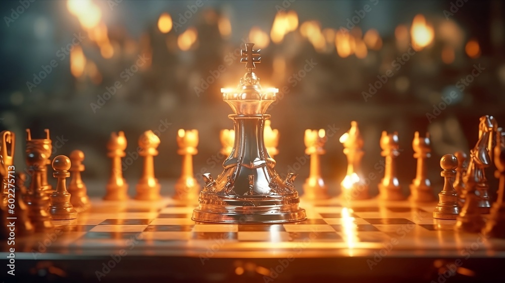 Silver knight chess figures on a chess board with a fire background. Generative AI Silver knight chess figures on a chess board with a fire background. Generative AI