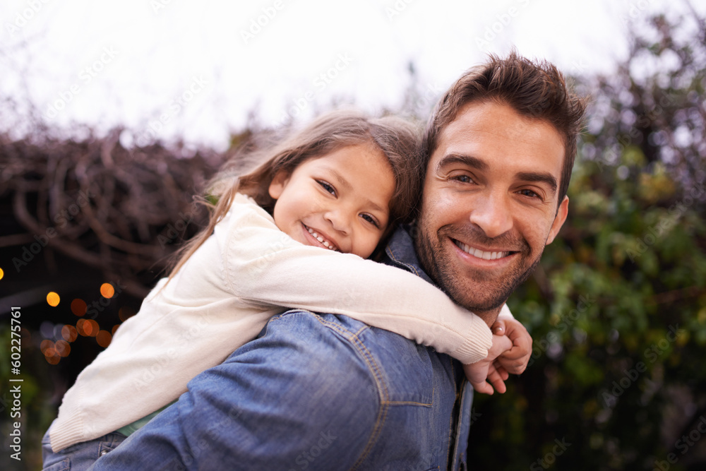 Happy, piggyback or portrait with father and daughter in nature for bonding, fun and affectionate. Smile, relax and happiness with man carrying young child in garden park for support, weekend or care Happy, piggyback or portrait with father and daughter in nature for bonding, fun and affectionate. Smile, relax and happiness with man carrying young child in garden park for support, weekend or care