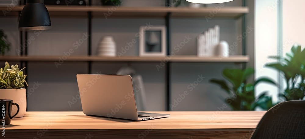 Professional workspace with laptop, desk, and shelves in home office interior design blur background. Generative AI illustrations. Professional workspace with laptop, desk, and shelves in home office interior design blur background. Generative AI illustrations.