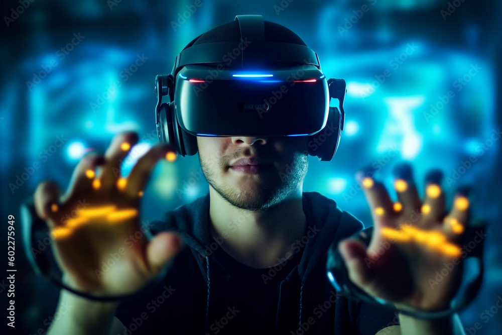 Modern technology and gaming concept - young man using VR headset and holding controllers, Generative AI Modern technology and gaming concept - young man using VR headset and holding controllers, Generative AI