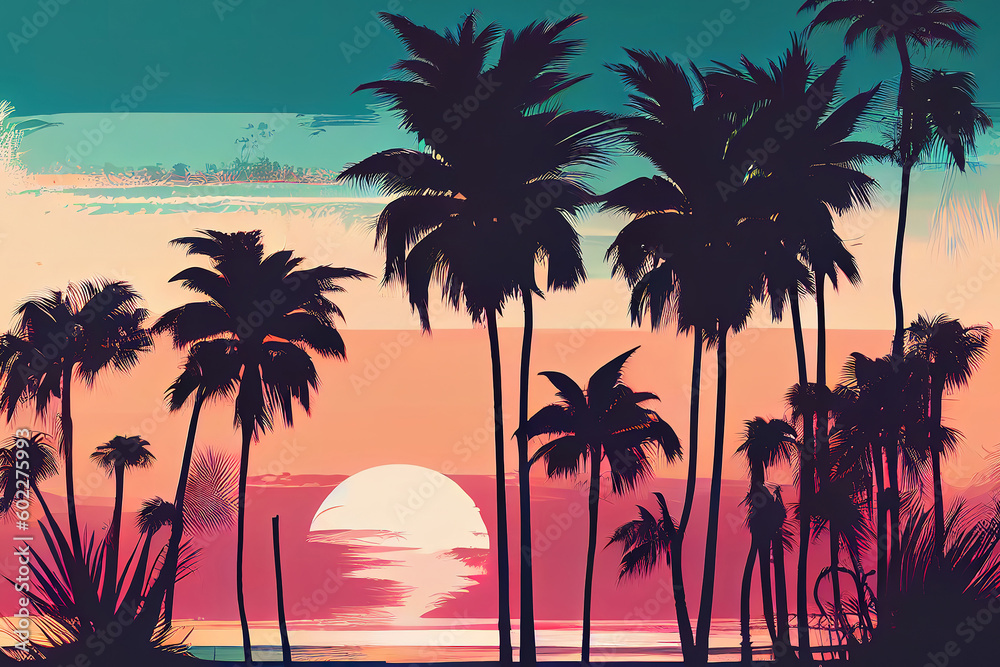 Palm Trees Silhouettes On Tropical Beach At Sunset - Modern Vintage Colors. Generative Ai