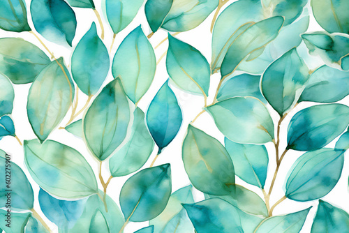 Watercolor Leaves in Turquoise Shades. Generative AI.