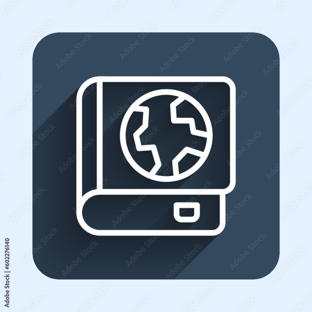 White line Earth globe and book icon isolated with long shadow background. World or Earth sign. Global internet symbol. Geometric shapes. Blue square button. Vector White line Earth globe and book icon isolated with long shadow background. World or Earth sign. Global internet symbol. Geometric shapes. Blue square button. Vector