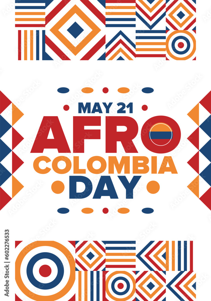 Afro-Colombian Day in Colombia. Celebrate annual in May 21. Freedom day poster. National holiday. Colombian flag. Afro-Colombian culture, history and heritage. Tradition pattern. Vector illustration