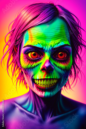 Fashionable portrait of a beautiful zombie girl with bright makeup on a colored background. Halloween. Generative AI.