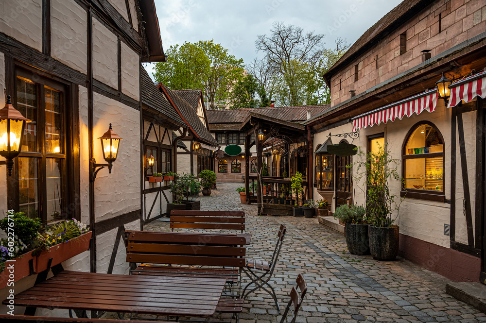 Medieval small half-timbered shops in Nuremberg, Germany