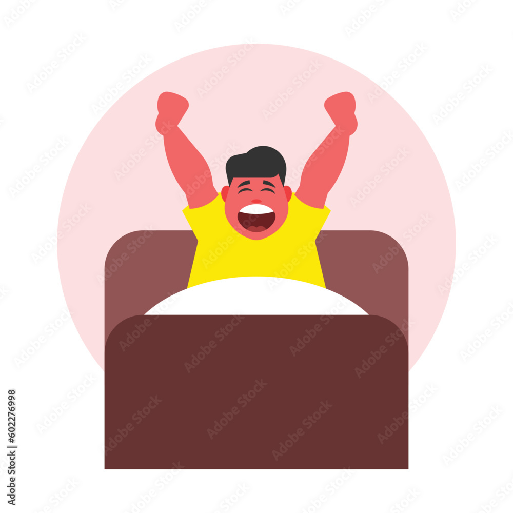 A man in a yellow shirt is sitting on a couch and raising his arms in the air. A man in a yellow shirt is sitting on a couch and raising his arms in the air.