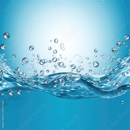 Water wave with oxygen bubbles in the underwater clear liquid flowing up to the water surface,Generative, AI, Illustration.