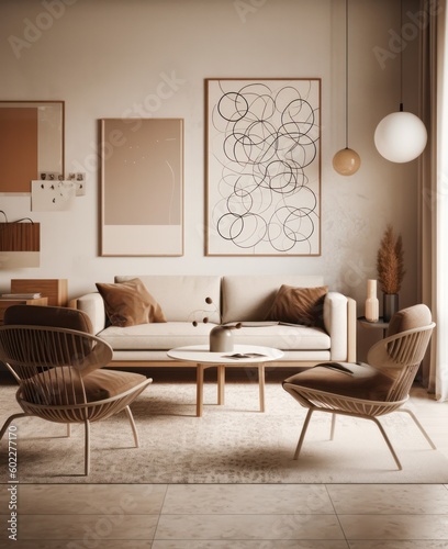 Lavish Living Room with Designer Furniture  High Ceilings  and Elegant Decorative Accents in Natural Beige Tones.