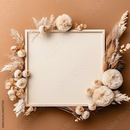 Flowers composition, Frame made of dried flower ,Flat lay, background,Copy space,Pastel colors,Generative, AI, Illustration. © visoot