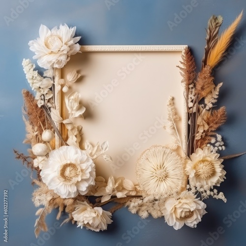 Frame made of dried flower,Autumn composition,dried leaves, Dried flowers on pastel background, Autumn, fall concept, Flat lay, Copy space,Pastel colors,Generative, AI, Illustration. © visoot