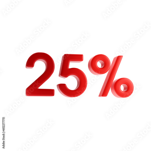 25 percent red twenty-five percent on a white background. 3d rendering.
