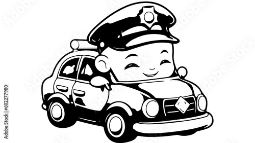 baby sleeping on a police car. black and white illustration in the style of a sticker or a children's book. generative AI technology