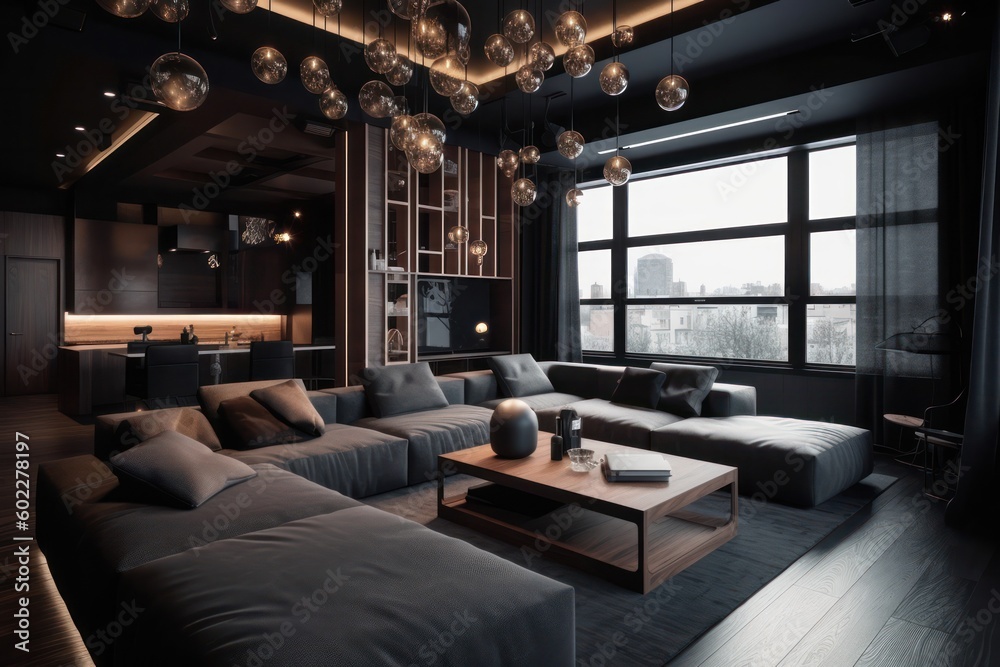 Fototapeta premium Living Room Oasis with Luxurious Furnishings, Expansive High Ceilings, and Timeless Elegance in black, Natural Tones