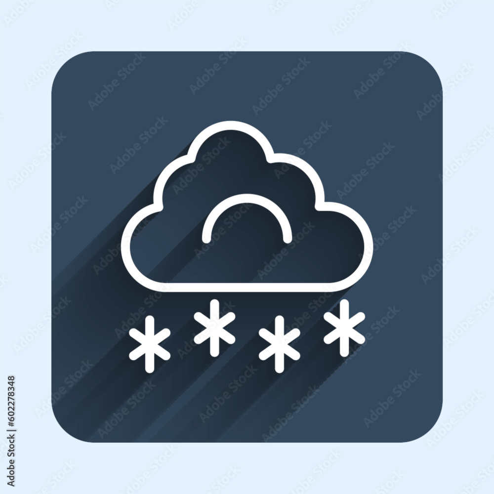 White line Cloud with snow icon isolated with long shadow background. Cloud with snowflakes. Single weather icon. Snowing sign. Blue square button. Vector White line Cloud with snow icon isolated with long shadow background. Cloud with snowflakes. Single weather icon. Snowing sign. Blue square button. Vector