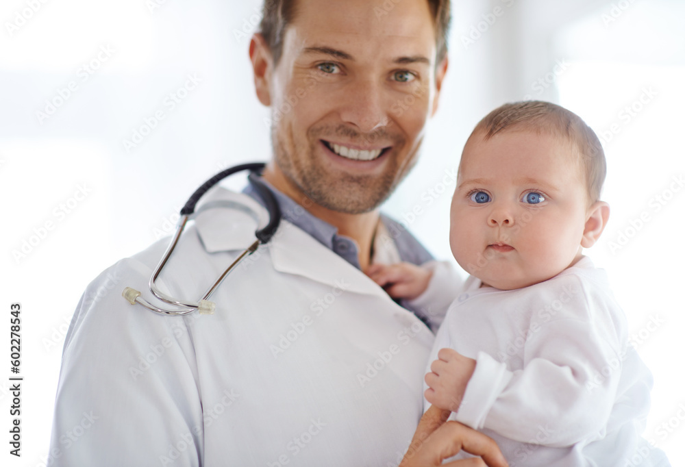 Portrait, happy man and pediatrician with baby for hospital assessment, medical support and growth. Pediatrics doctor holding newborn kid in clinic for healthcare service, trust and helping children Portrait, happy man and pediatrician with baby for hospital assessment, medical support and growth. Pediatrics doctor holding newborn kid in clinic for healthcare service, trust and helping children