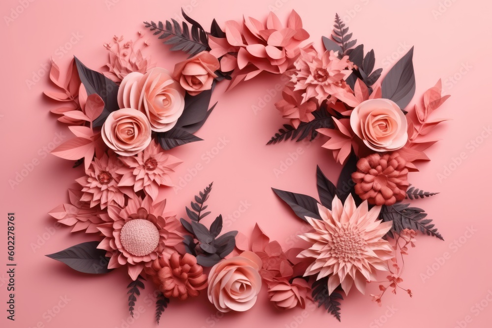 Blooming Serenity Collage-Based Floral Wreath on Harmonious Pink Background with Minimalist Aesthetics and Artistic Composition Blooming Serenity Collage-Based Floral Wreath on Harmonious Pink Background with Minimalist Aesthetics and Artistic Composition