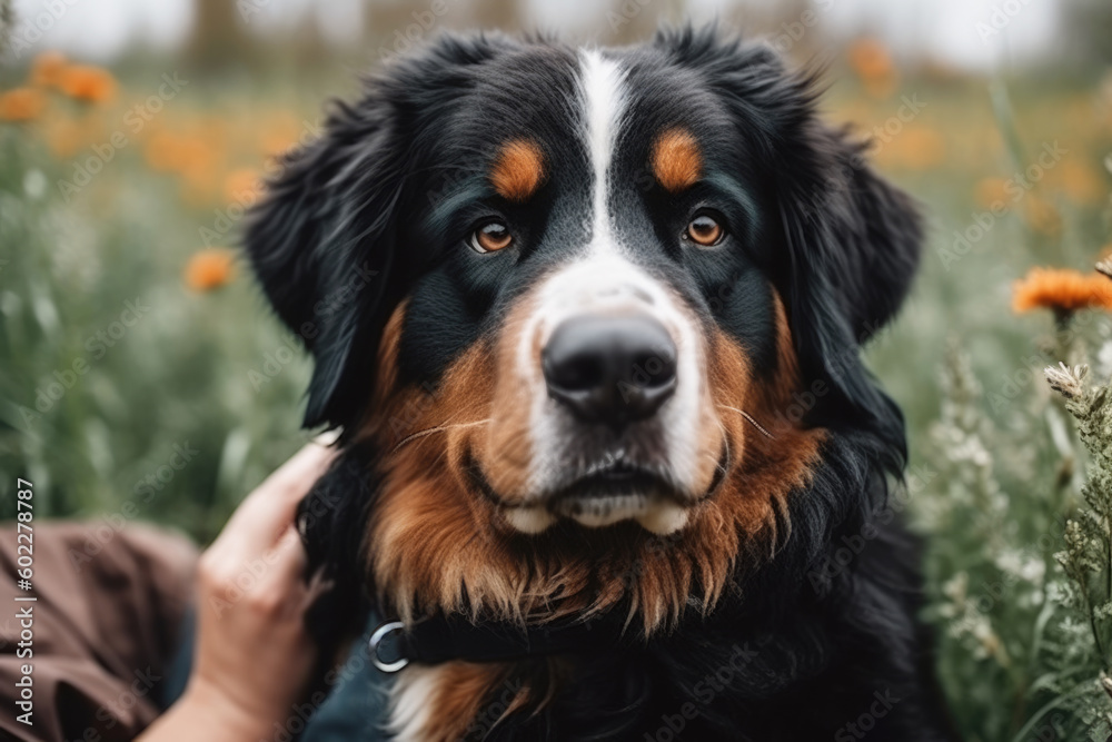 Portrait of cute bernese shepherd outdoors