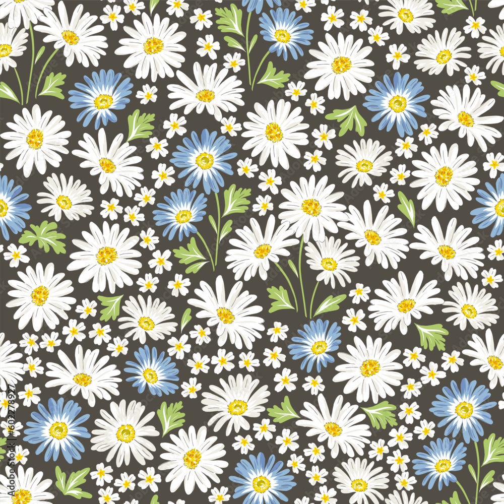 Daisy blossom Spring Garden flower hand drawn vector seamless pattern. Vintage Romantic Liberty inspired Petite floral ditsy print. Bloomy calico background for fashion fabric or home textile