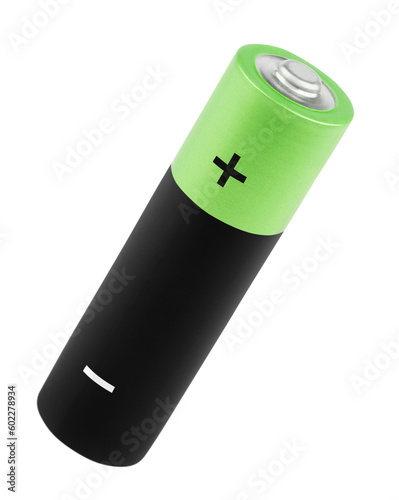 Single AA battery stands vertically isolated on transparent background