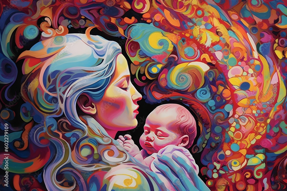 Transcend boundaries with a psychedelic embrace of maternal love in this captivating artwork.