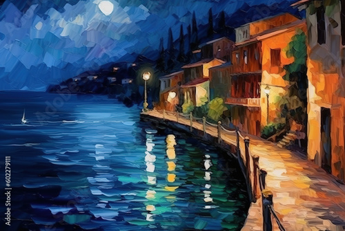 Night street of the resort town near the sea. Oil painting in the style of impressionism. Generative AI.