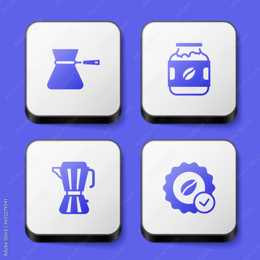 Set Coffee turk, jar bottle, maker moca pot and Medal for coffee icon. White square button. Vector Set Coffee turk, jar bottle, maker moca pot and Medal for coffee icon. White square button. Vector