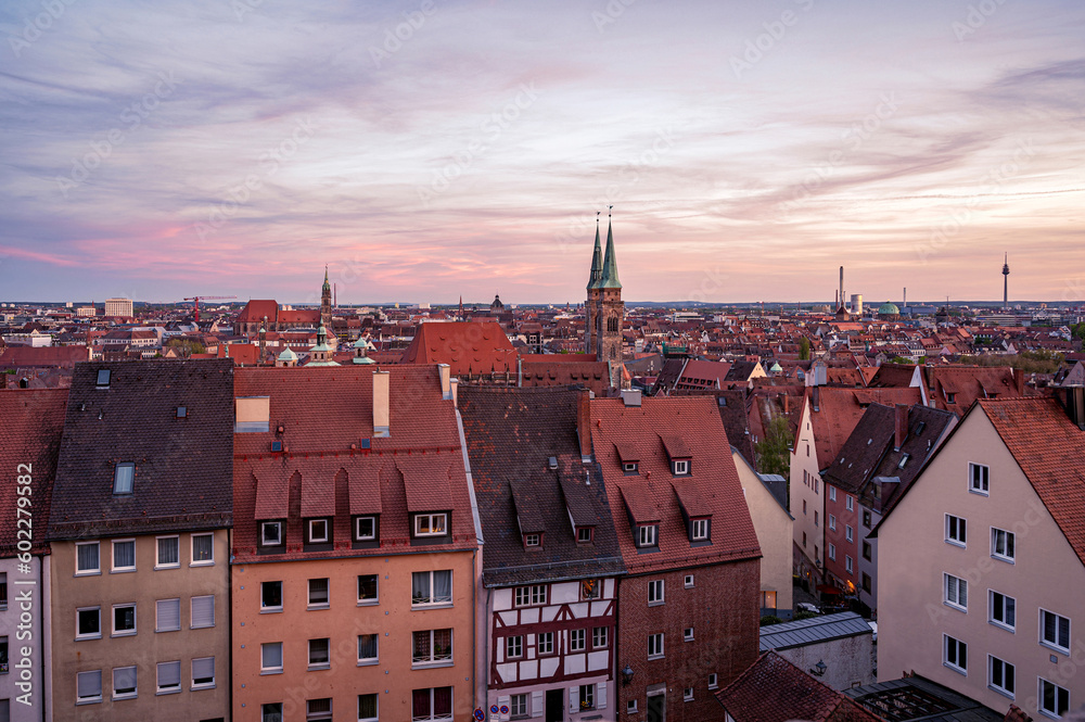 View of Nuremberg old town at sunset from Castle of Nuremberg