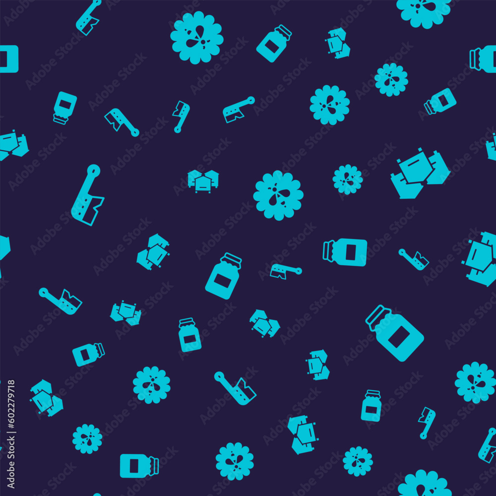 Set Beekeeping brush, Hive for bees, on flower and Jar of honey on seamless pattern. Vector