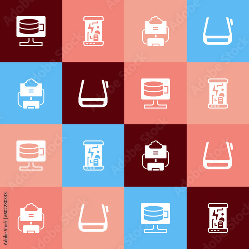 Set pop art Cloud database, Cryogenic capsules, and Smart glasses on spectacles icon. Vector