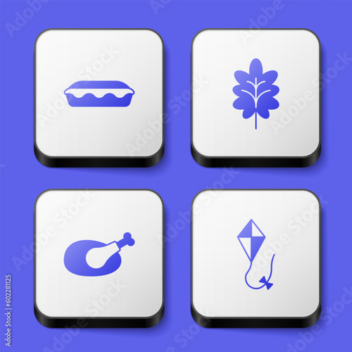 Set Homemade pie, Leaf, Roasted turkey or chicken and Kite icon. White square button. Vector
