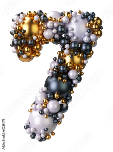 Alphabets number 7, Seven of jewelry balls in black and yellow gold and pearls. Jewelry balls font Isolated on transparent background. 3D render