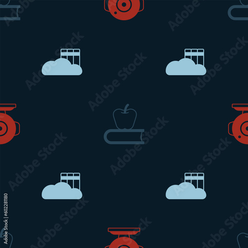 Set Web camera, Book with apple and Cloud or online library on seamless pattern. Vector photo