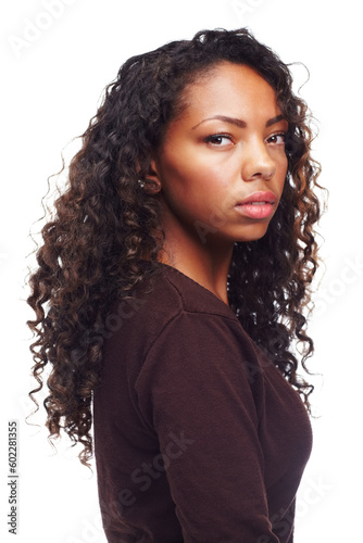 African teen, girl and portrait with confidence in studio with casual fashion and cosmetics. White background, young face and female person with teenager and gen z style with pride and makeup