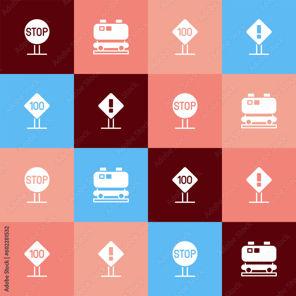 Set pop art Stop sign, Oil railway cistern, Speed limit traffic 100 km and Exclamation mark in square icon. Vector