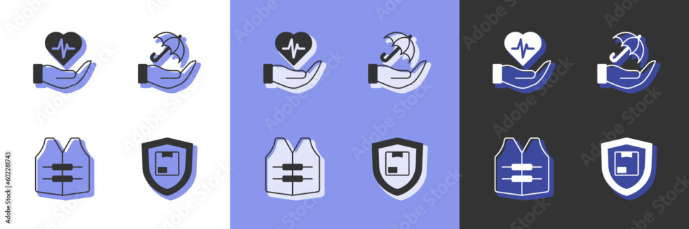 Set Delivery security with shield, Life insurance in hand, jacket and Umbrella icon. Vector