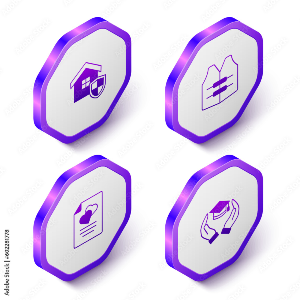 Set Isometric House with shield, Life jacket, Marriage contract and Education grant icon. Purple hexagon button. Vector