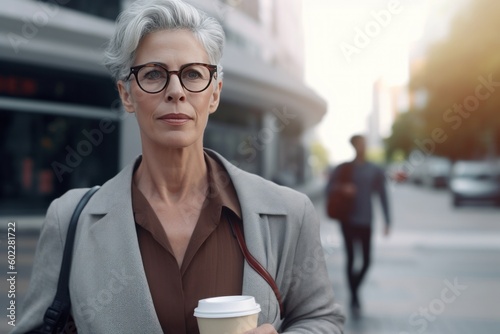 Successful businesswoman with coffee walks to office, holding hot drink in hand. Beautiful portrait on city street. Generative AI