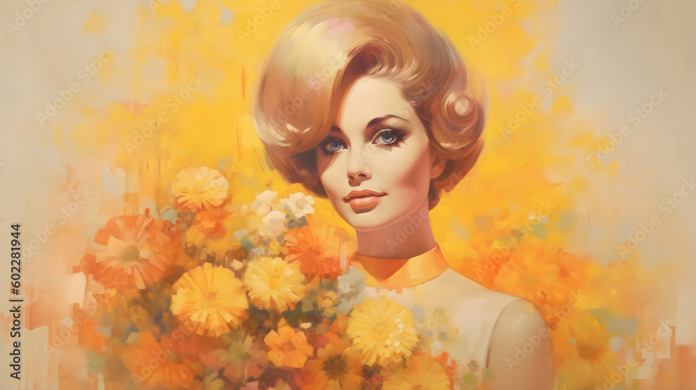 vintage 60s blonde woman surrounded by yellow and orange flowers, painting made with generative ai