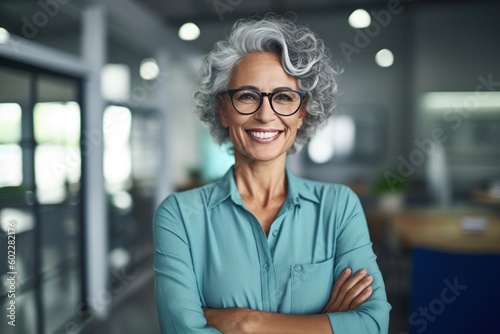 An old Hispanic woman exudes confidence as she stands in an office, smiling and crossing her arms in a gesture of assurance. Generative AI