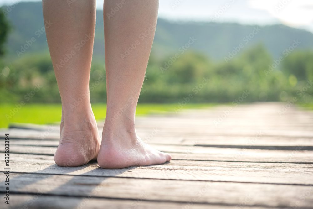 Close-up at woman barefoot is standing on wooden plank board floor with background of rice paddy agriculture field, relaxation activity concept scene. Close-up at woman barefoot is standing on wooden plank board floor with background of rice paddy agriculture field, relaxation activity concept scene.