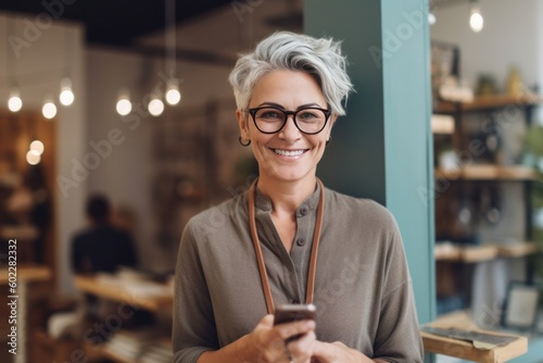 Hipster woman, casual attire, smiles in office. Business owner holds mobile, gazes at camera. Generative AI