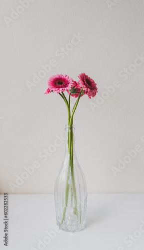 Vertical closeup of long stemmed pink gerberas in glass bottle with vintage filter effect (selective focus)