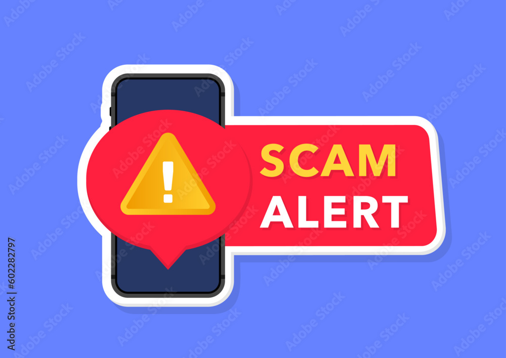 Scam alert. Icon phone with red scam danger warning. Spam email message distribution, malware spreading virus. Hacker attack and web security vector concept, phishing scam. Internet security. Vector