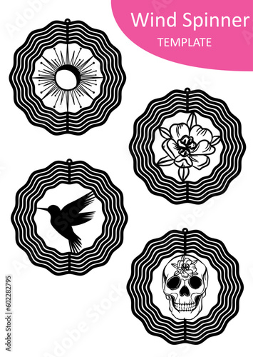 Wind Spinner template set isolated on white, vector silhouette design of spin yard decorations for sublimation. Garden decor hummingbird circle, skull and floral shapes